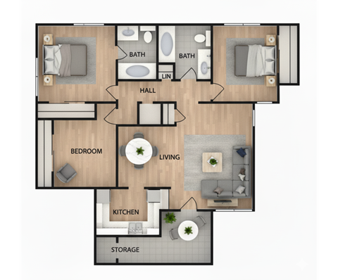 A floor plan of a house with a living room, two bedrooms, a kitchen, a storage area, and two bathrooms.